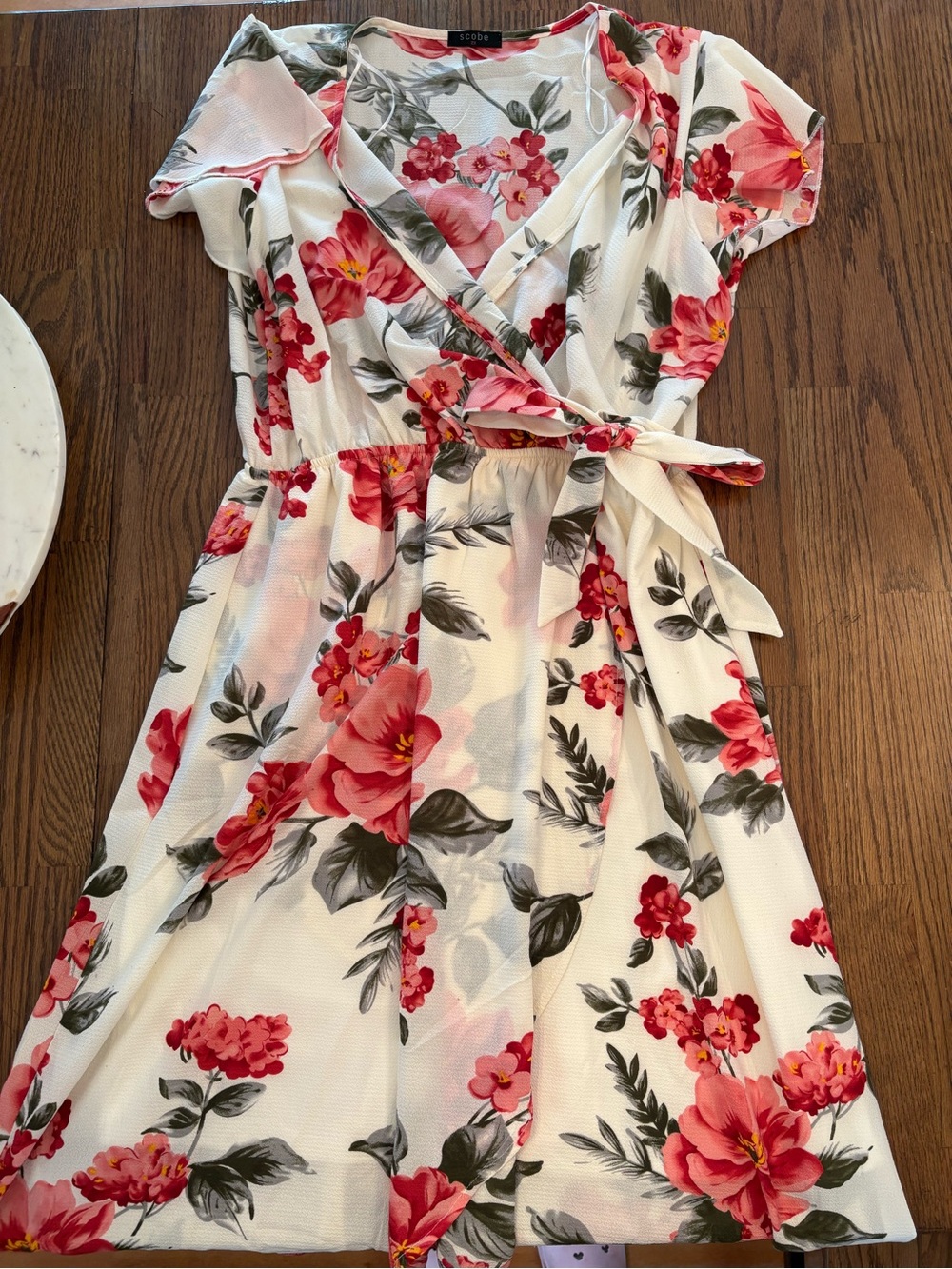 Women’s White Floral Wrap Dress with Pink Red Blooms
